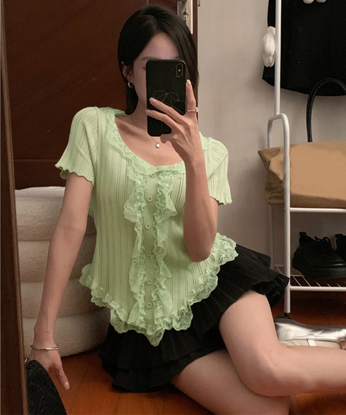 レースフリルニットトップスショート丈夏服 サマーニットレディース ラッフルレースニットソー 甘めコーデ お洒落 コンパクト タイトニット 半袖ニットTシャツ韓国風 6SENZHU-001